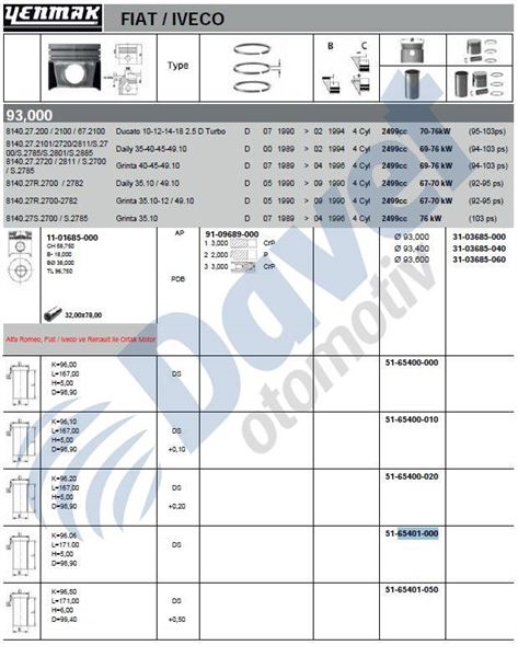 YENMAK 51-65401-000 Gomlek Std (93.00mm) Ducato 2.5td Master 2.5 S8u Daily  ####